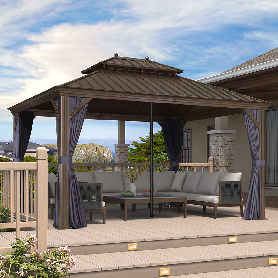 PURPLE LEAF Outdoor Hardtop Gazebo for Patio Bronze Aluminum Frame Pavilion with Navy-Blue Curtain and Reinforced Support Rods