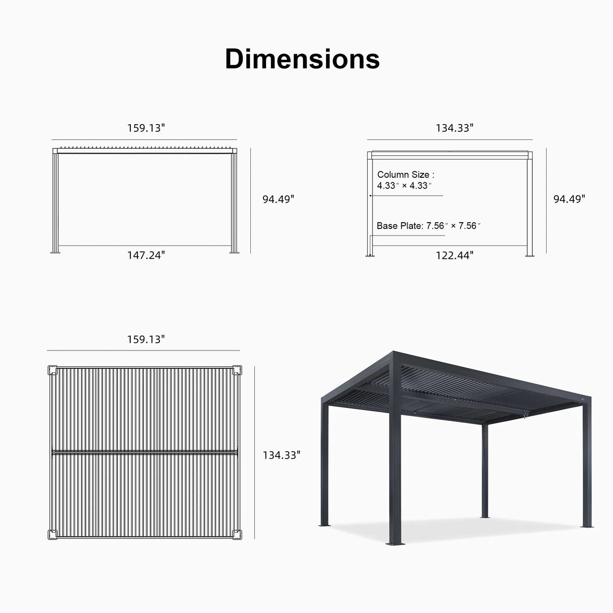 PURPLE LEAF Athena Louvered Pergola Grey Outdoor Aluminum Pergola with Solid Color Roller Blind Adjustable Gazebo for Patio Deck Garden