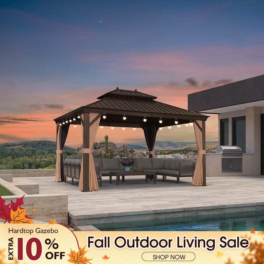 PURPLE LEAF Outdoor Hardtop Gazebo for Garden Bronze Double Roof Aluminum Frame Pavilion with String Lights-milky