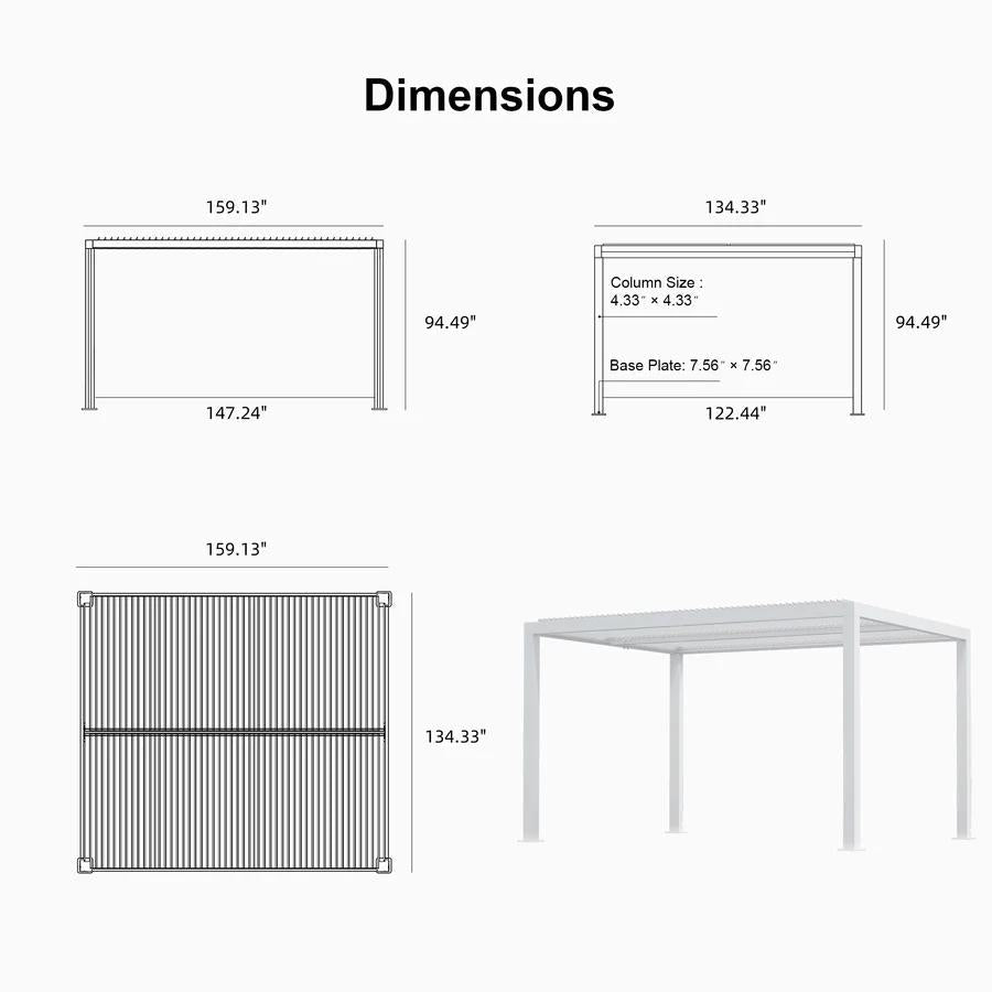 PURPLE LEAF Athena Louvered Pergola White Outdoor Aluminum Pergola with Solid Color Roller Blind Adjustable Gazebo for Patio Deck Garden