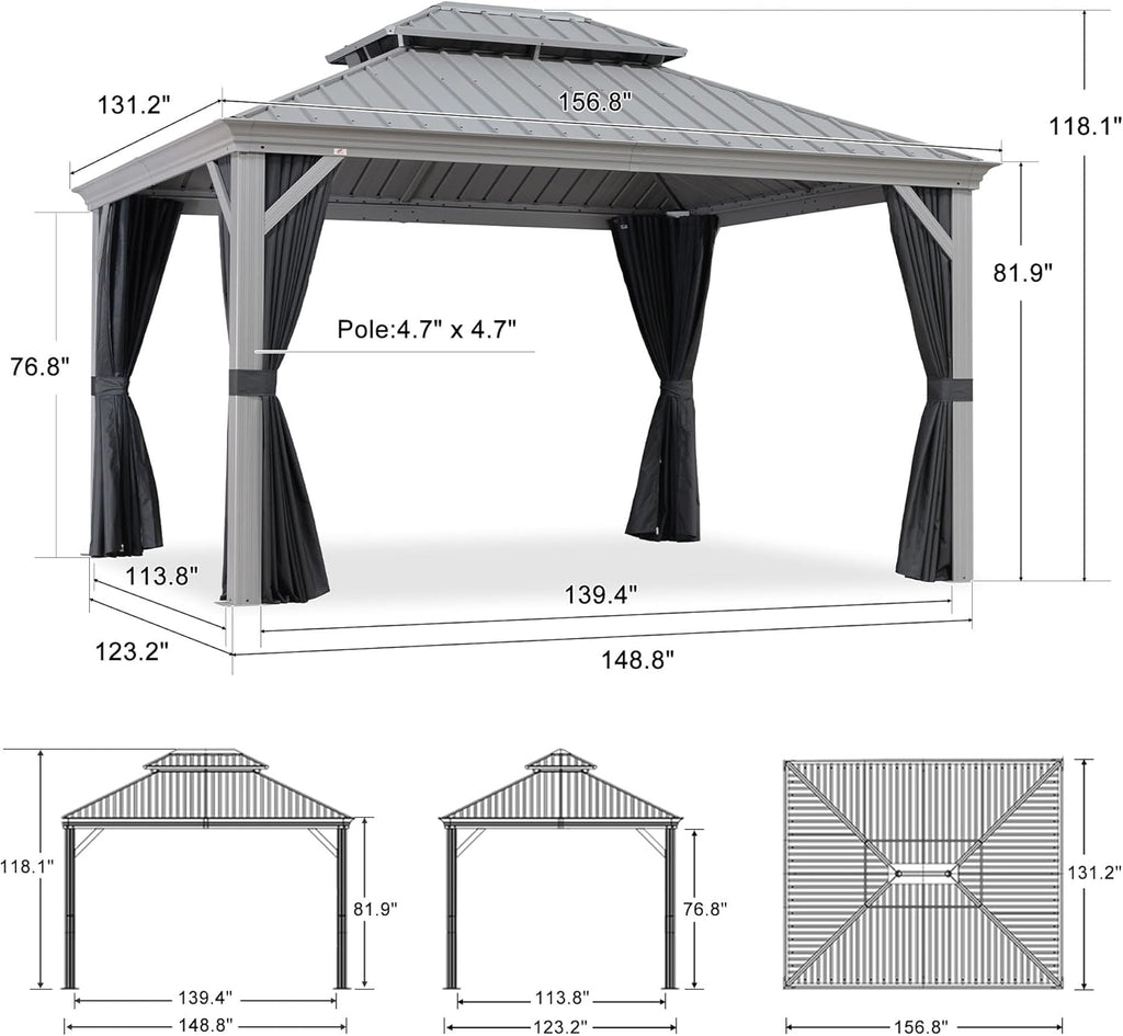 PURPLE LEAF Patio Gazebo for Pool Light Grey Hardtop Galvanized Steel Roof with Reinforcement Support Rod