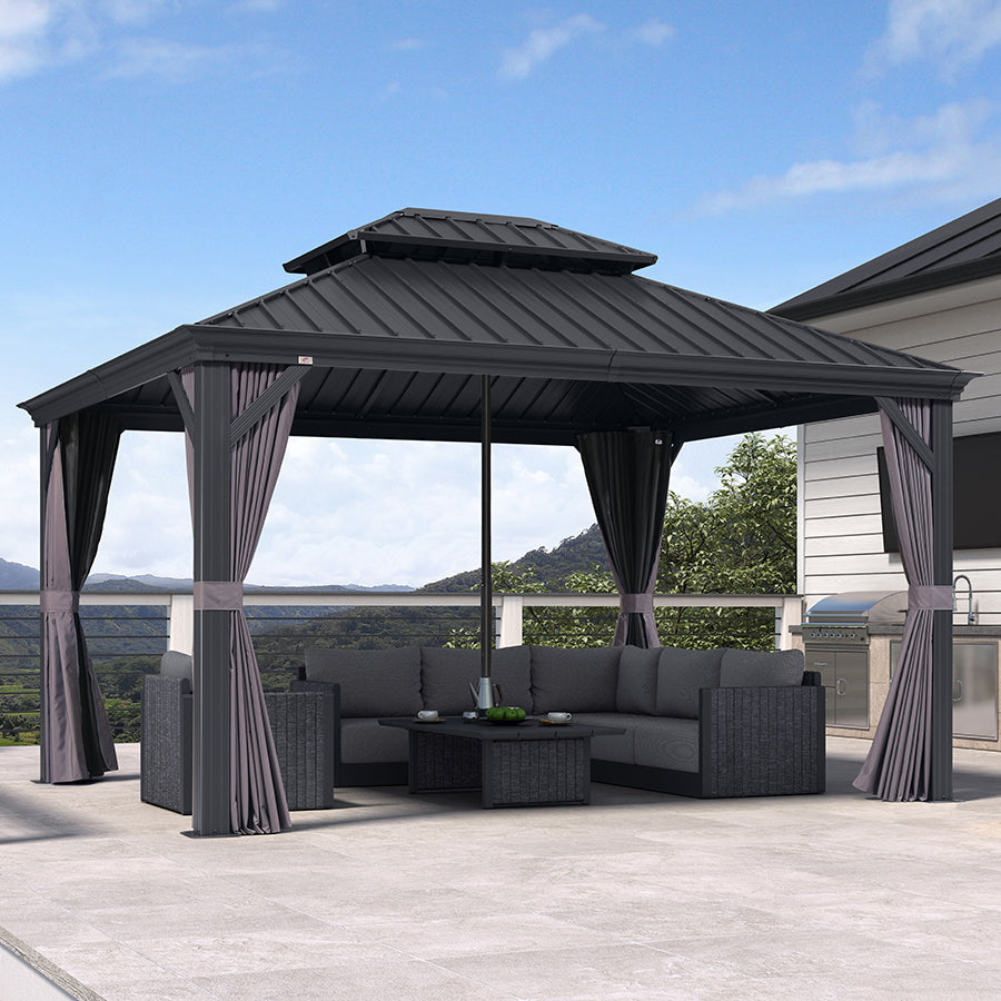 PURPLE LEAF Patio Gazebo for Backyard Grey Hardtop Galvanized Steel Roof Awning with Reinforcement Support Rod