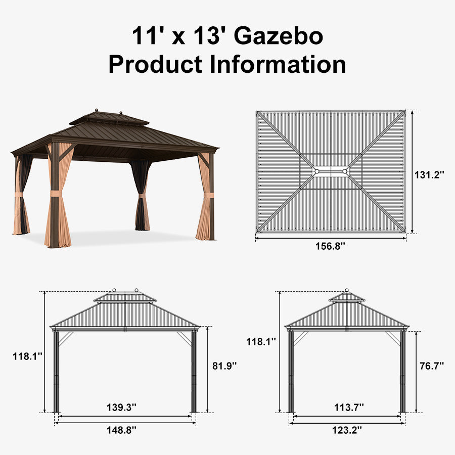 PURPLE LEAF Outdoor Hardtop Gazebo for Garden Bronze Double Roof Aluminum Frame Pavilion with Reinforcement Support Rod
