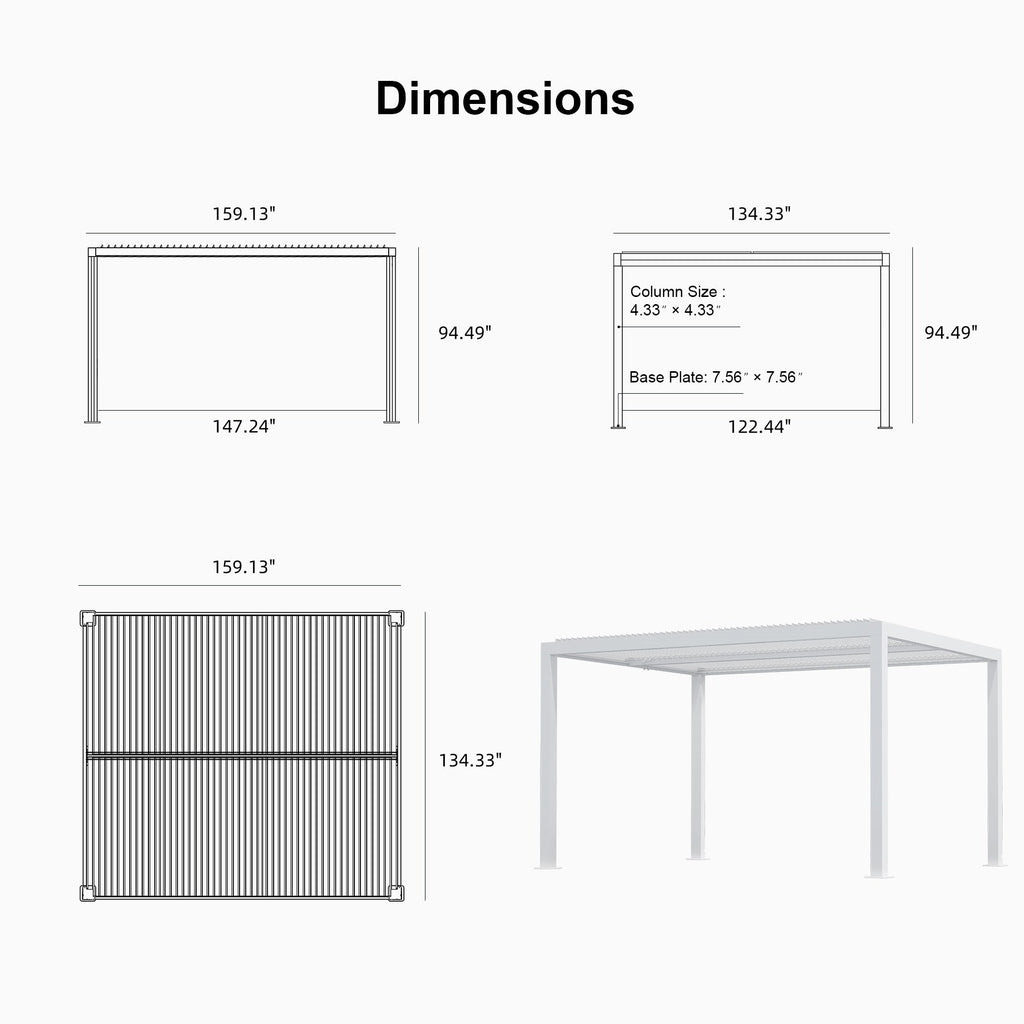 PURPLE LEAF Athena Louvered Pergola White Outdoor Aluminum Pergola with Roller Blind Adjustable Gazebo for Patio Deck Garden