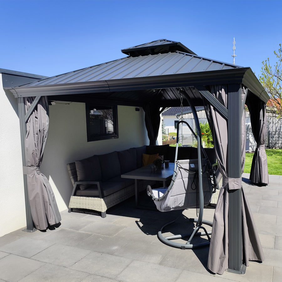 PURPLE LEAF Patio Gazebo for Backyard Grey Hardtop Galvanized Steel Roof Awning String Lights-milky