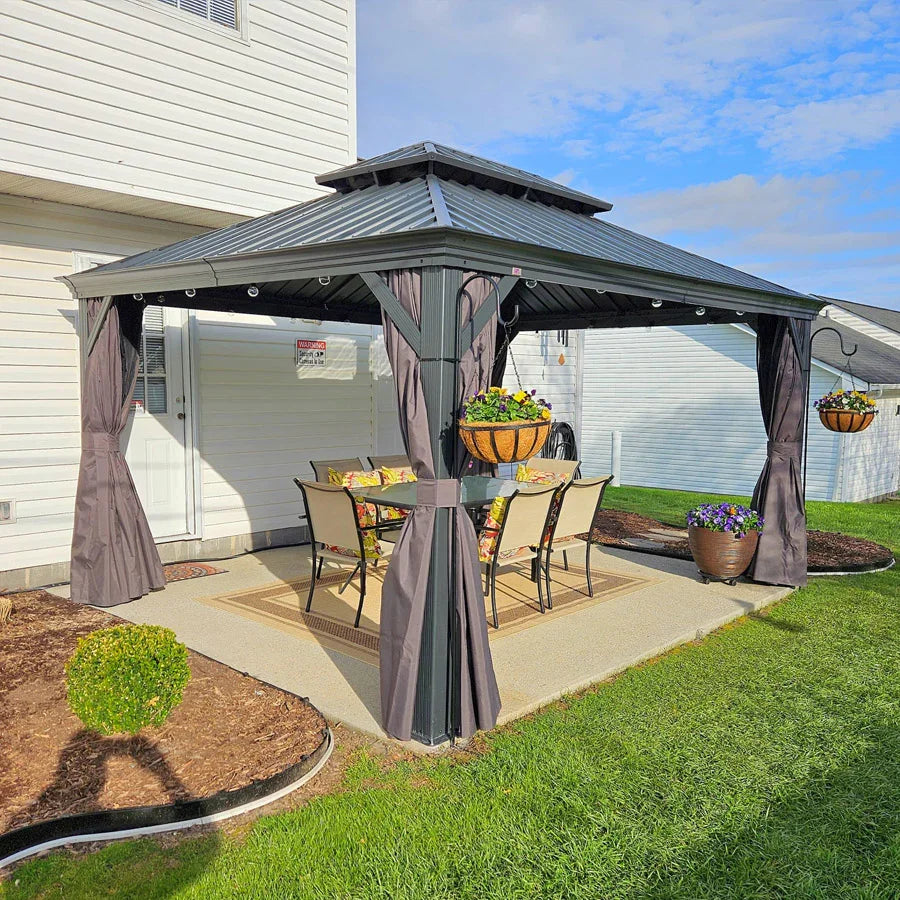PURPLE LEAF Patio Gazebo for Backyard Grey Hardtop Galvanized Steel Roof Awning with String Lights-clear