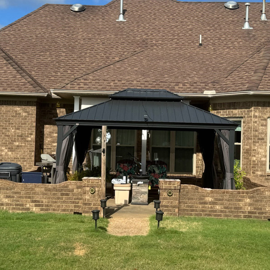 PURPLE LEAF Patio Gazebo for Backyard Grey Hardtop Galvanized Steel Roof Awning with String Lights-clear