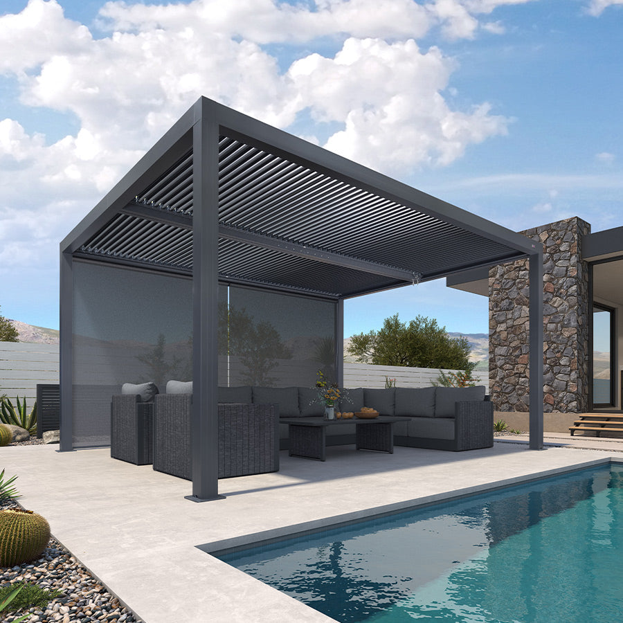 PURPLE LEAF Athena Louvered Pergola Grey Outdoor Aluminum Pergola with Solid Color Roller Blind Adjustable Gazebo for Patio Deck Garden