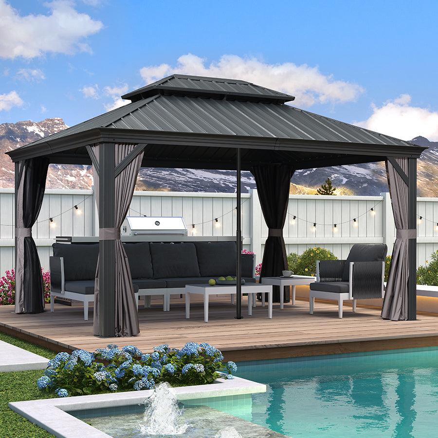 PURPLE LEAF Patio Gazebo for Backyard Grey Hardtop Galvanized Steel Roof Awning with Reinforcement Support Rod