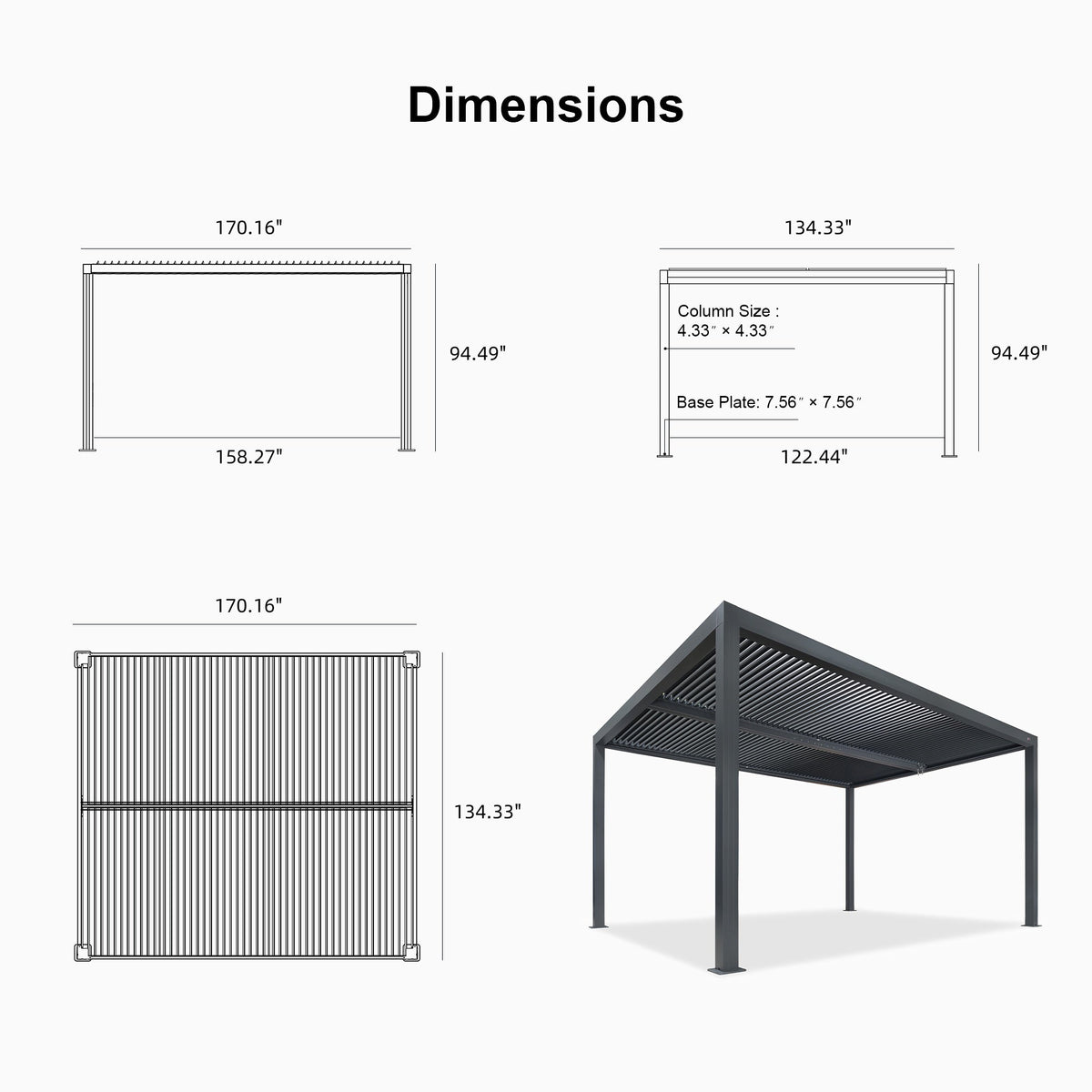 PURPLE LEAF Athena Louvered Pergola Grey Outdoor Aluminum Pergola with Shutter Wall Adjustable Gazebo Rainproof for Patio Deck Garden