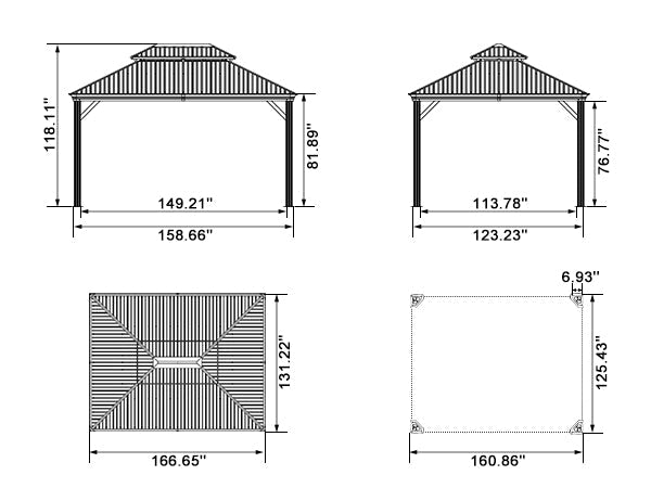 PURPLE LEAF Patio Gazebo for Backyard Grey Hardtop Galvanized Steel Roof Awning with Reinforcement Support Rod