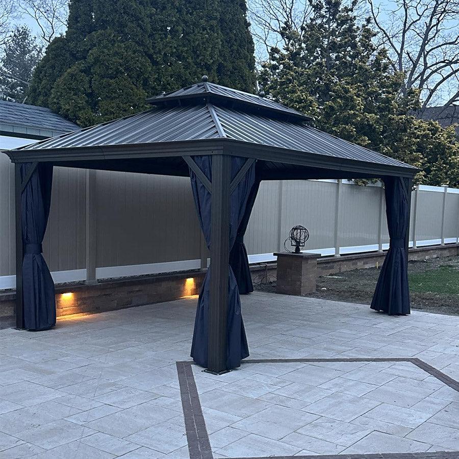 PURPLE LEAF Outdoor Hardtop Gazebo for Patio Bronze Aluminum Frame Pavilion with Navy-Blue Curtain and String Lights-clear