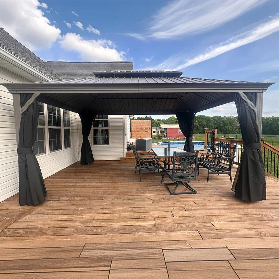 PURPLE LEAF Patio Gazebo for Pool Light Grey Hardtop Galvanized Steel Roof with Reinforcement Support Rod