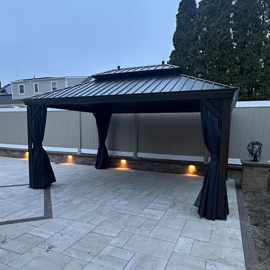 PURPLE LEAF Outdoor Hardtop Gazebo for Patio Bronze Aluminum Frame Pavilion with Navy-Blue Curtain and String Lights-clear