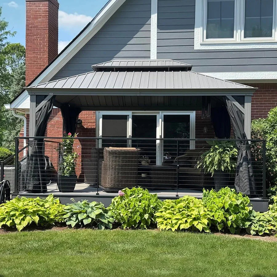 PURPLE LEAF Patio Gazebo for Pool Light Grey Hardtop Galvanized Steel Roof with Reinforcement Support Rod