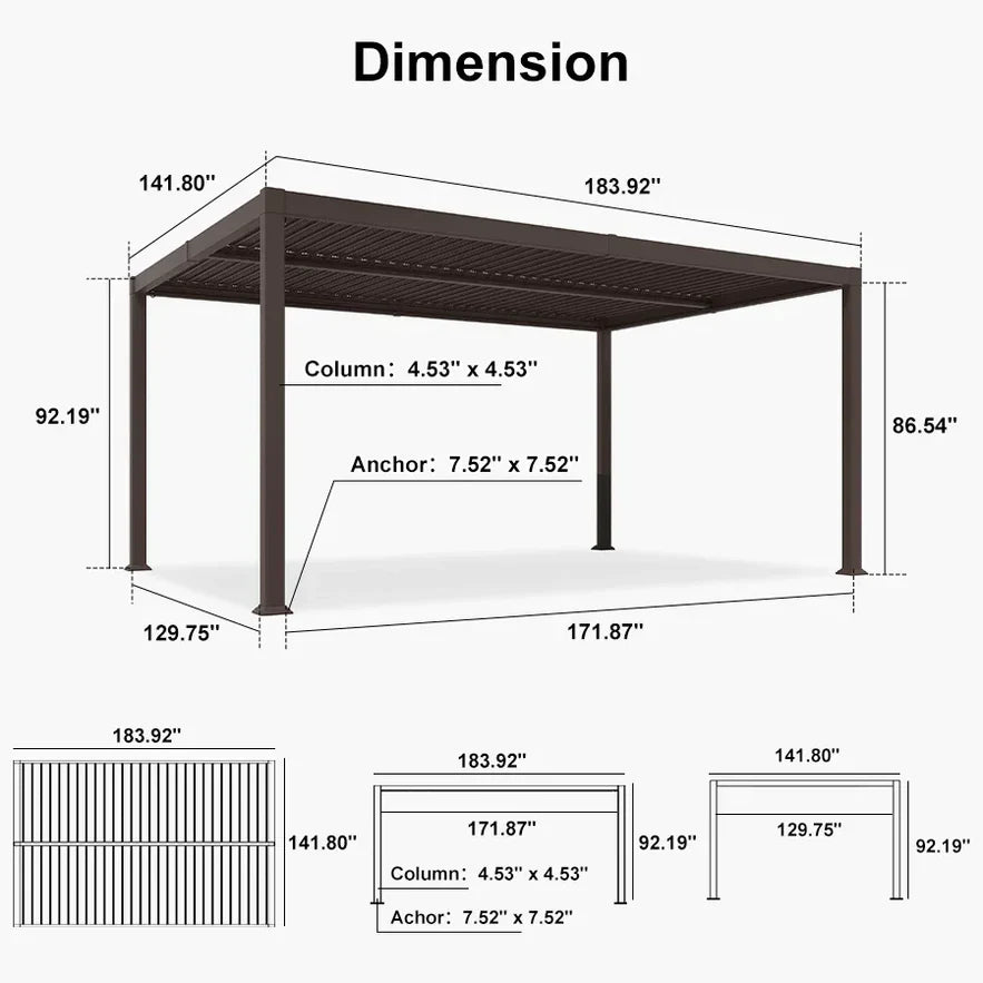PURPLE LEAF Caesar Louvered Pergola Outdoor Adjustable Louvre Shade Modern Patio Aluminum Pergola with  Yellow Lights