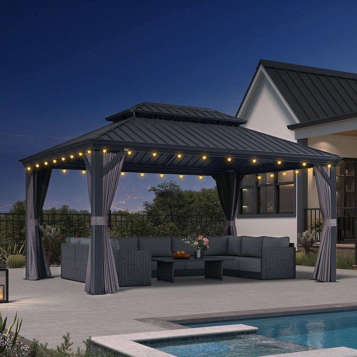PURPLE LEAF Patio Gazebo for Backyard Grey Hardtop Galvanized Steel Roof Awning with String Lights-clear