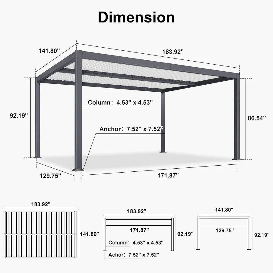 PURPLE LEAF Caesar Outdoor Louvered Pergola Patio Sun Shade Shelter with Adjustable Hardtop Patio Pergola Gray Frame White Roof