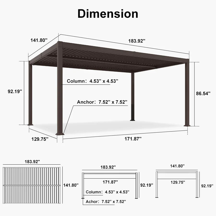 PURPLE LEAF Caesar Louvered Pergola Outdoor Adjustable Roof Modern Patio Aluminum Pergola for Deck Backyard Garden Hardtop Gazebo Bronze