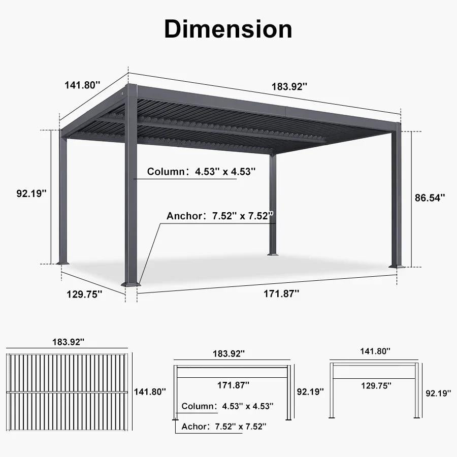 PURPLE LEAF Caesar Solar Louvered Pergola with LED Strip Lights and Control Panel Aluminum Outdoor Pergola with Adjustable Roof for Patio Deck Garden Yard Gray