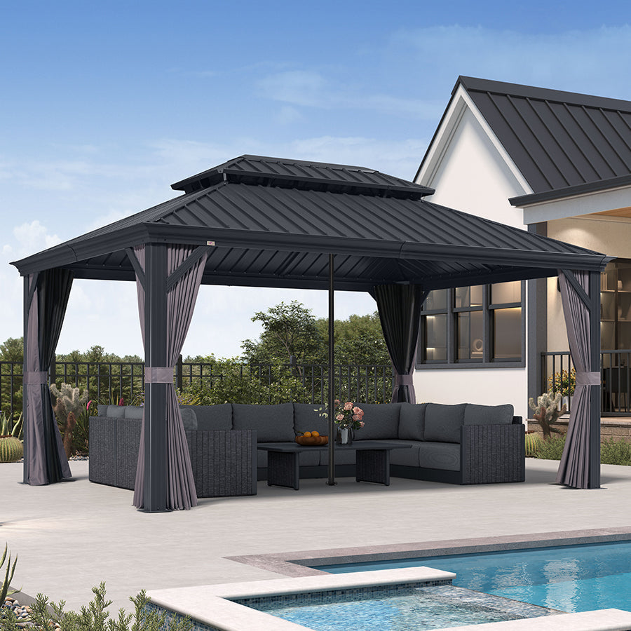 PURPLE LEAF Patio Gazebo for Backyard Grey Hardtop Galvanized Steel Roof Awning with Reinforcement Support Rod