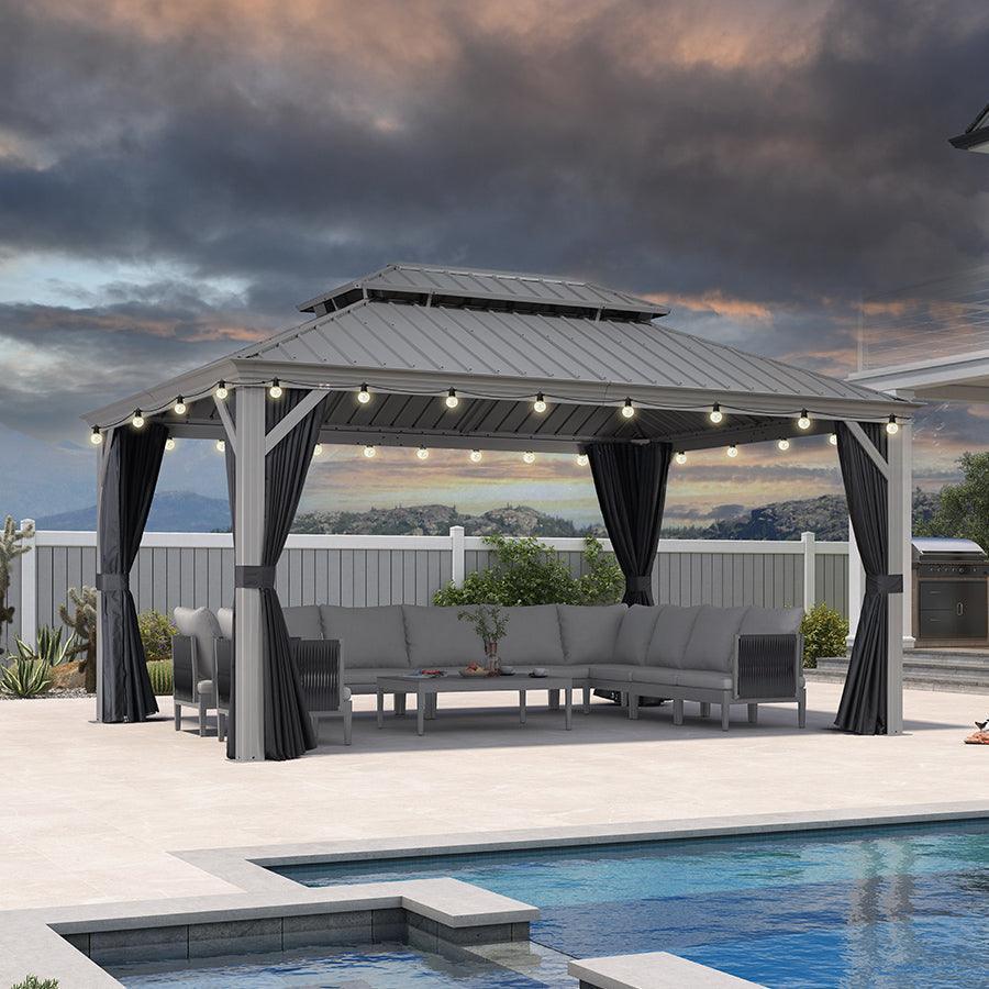 PURPLE LEAF Patio Gazebo for Pool Light Grey Hardtop Galvanized Steel Roof with String Lights-clear