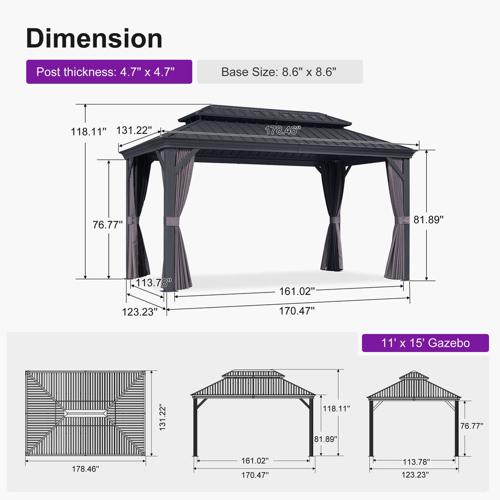 PURPLE LEAF Patio Gazebo for Backyard Grey Hardtop Galvanized Steel Roof Awning with Reinforcement Support Rod