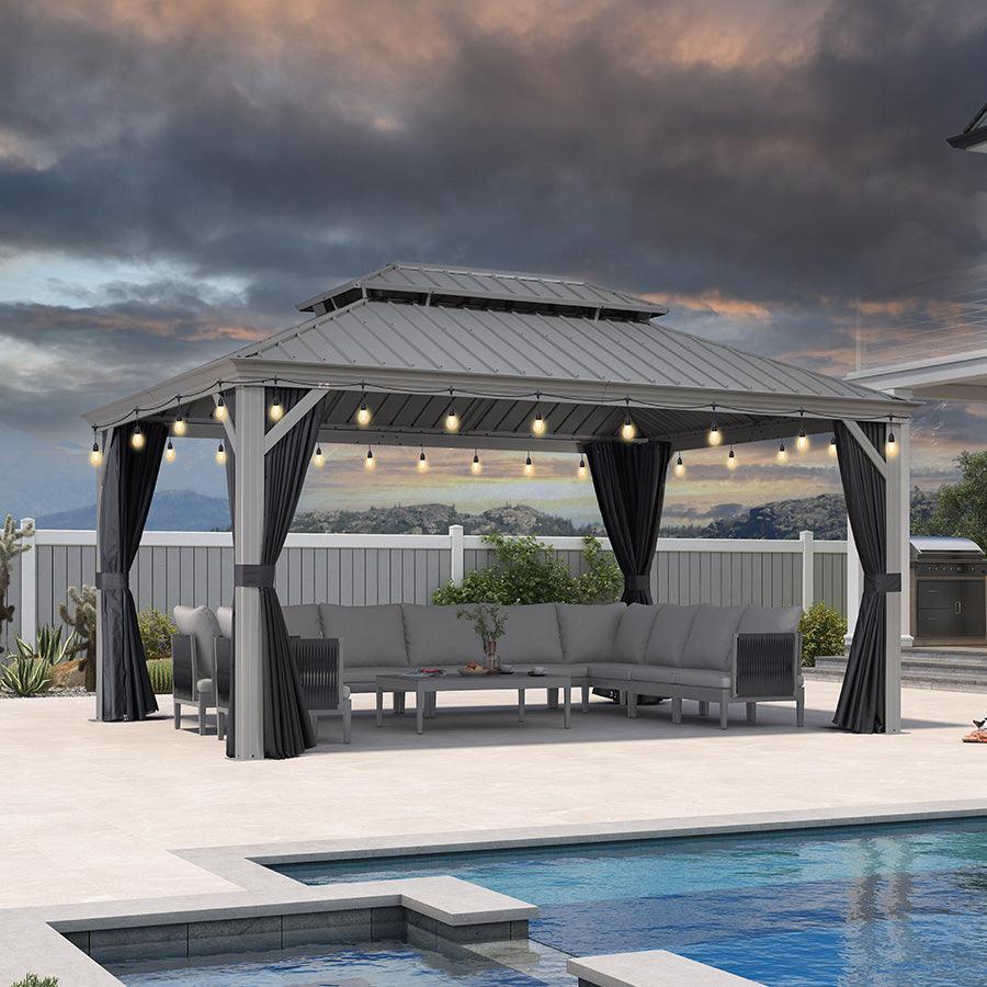 PURPLE LEAF Patio Gazebo for Pool Light Grey Hardtop Galvanized Steel Roof with String Lights-clear