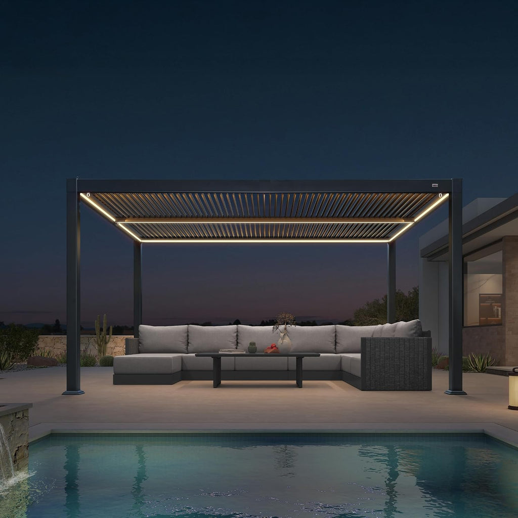 PURPLE LEAF Caesar Solar Louvered Pergola with LED Strip Lights and Control Panel Aluminum Outdoor Pergola with Adjustable Roof for Patio Deck Garden Yard Gray
