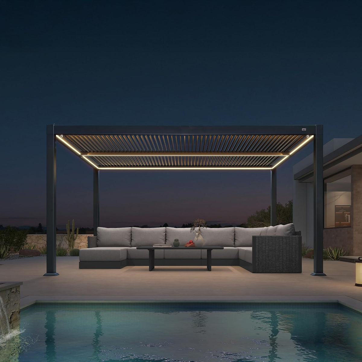PURPLE LEAF Caesar Solar Louvered Pergola with LED Strip Lights and Control Panel Aluminum Outdoor Pergola with Adjustable Roof for Patio Deck Garden Yard Gray