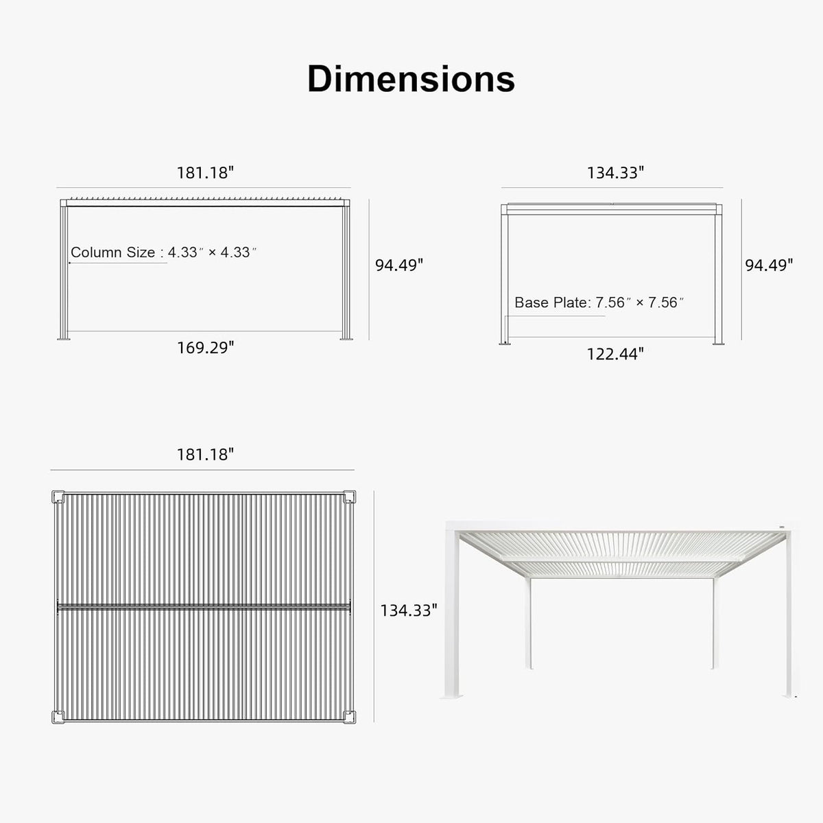 PURPLE LEAF Athena Louvered Pergola White Outdoor Aluminum Pergola with Roller Blind Adjustable Gazebo for Patio Deck Garden
