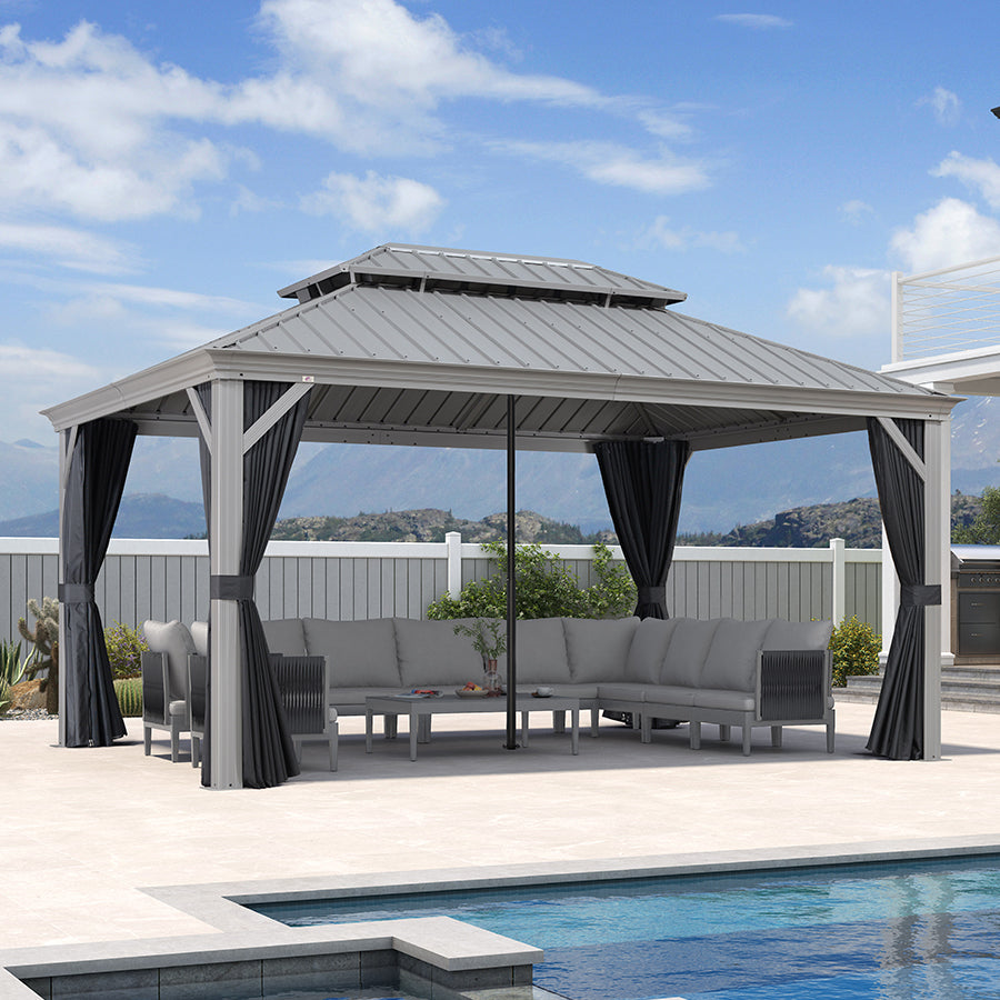PURPLE LEAF Patio Gazebo for Pool Light Grey Hardtop Galvanized Steel Roof with Reinforcement Support Rod