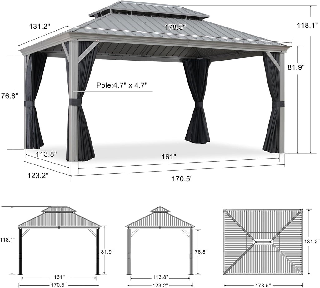 PURPLE LEAF Patio Gazebo for Pool Light Grey Hardtop Galvanized Steel Roof with Reinforcement Support Rod