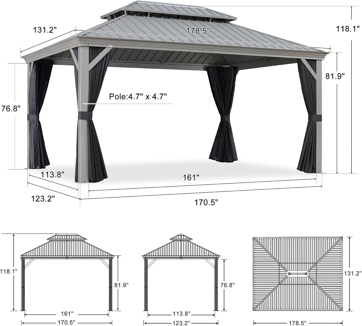 PURPLE LEAF Patio Gazebo for Pool Light Grey Hardtop Galvanized Steel Roof with Reinforcement Support Rod
