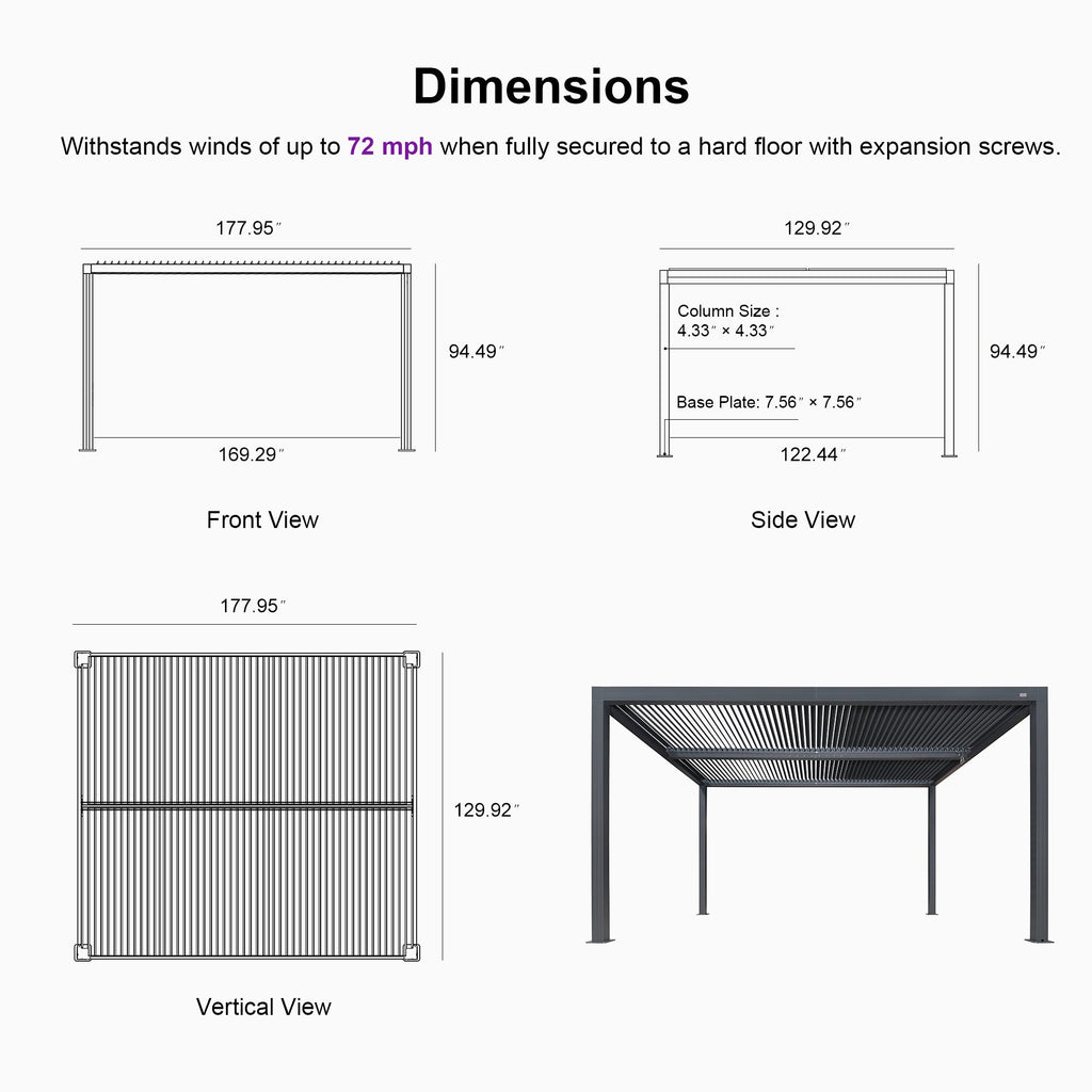 PURPLE LEAF Athena Louvered Pergola Grey Outdoor Aluminum Pergola with Shutter Wall Adjustable Gazebo Rainproof for Patio Deck Garden