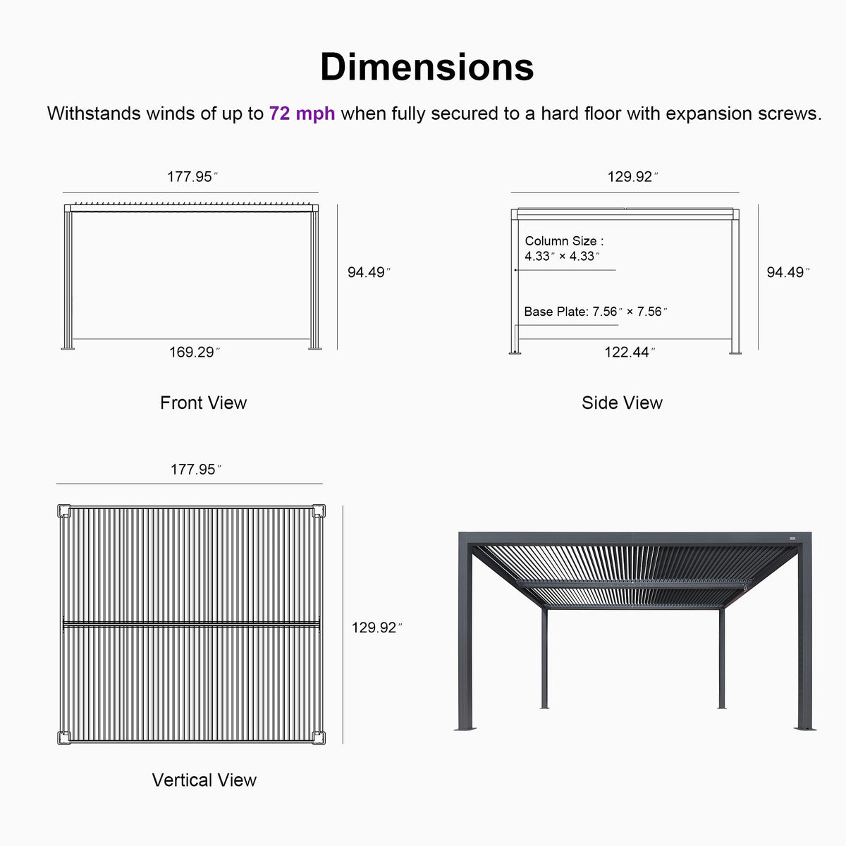 PURPLE LEAF Athena Louvered Pergola Grey Outdoor Aluminum Pergola with Shutter Wall Adjustable Gazebo Rainproof for Patio Deck Garden