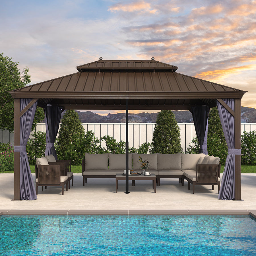PURPLE LEAF Outdoor Hardtop Gazebo for Patio Bronze Aluminum Frame Pavilion with Navy-Blue Curtain and Reinforced Support Rods