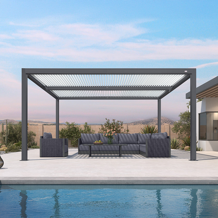 PURPLE LEAF Athena Louvered Pergola Modern Grey Pergola White Roof with Sanori Patio Couch Set Modular Sofas for Deck Backyard Garden
