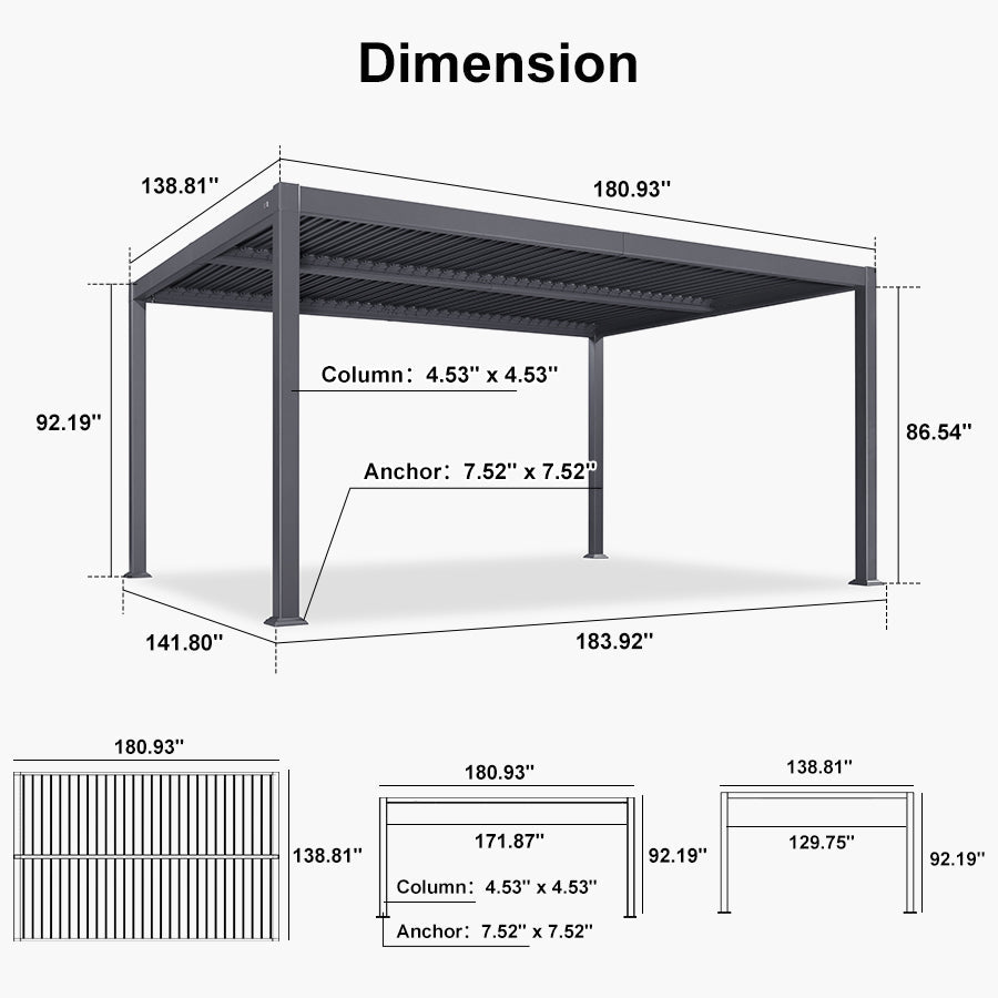 PURPLE LEAF Caesar Solar Louvered Pergola with LED Strip Lights and Control Panel Aluminum Outdoor Pergola with Adjustable Roof for Patio Deck Garden Yard Gray