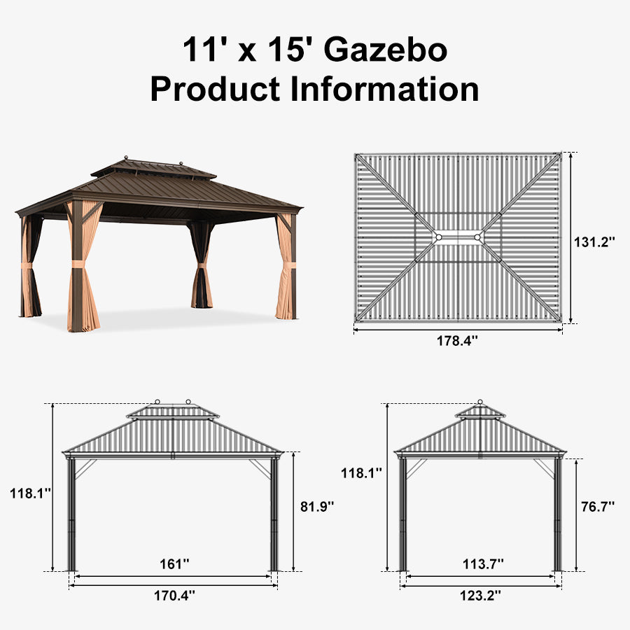 PURPLE LEAF Outdoor Hardtop Gazebo for Garden Bronze Double Roof Aluminum Frame Pavilion with String Lights-milky