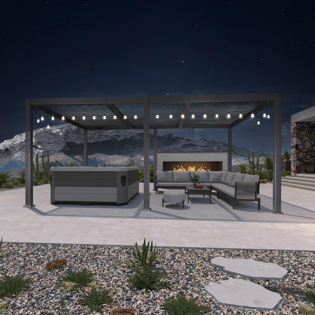 PURPLE LEAF Caesar Louvered Pergola with Milky String Lights Patio Aluminum Pergola with Independent Adjustable Rainproof Roof Hardtop Pergola for Outdoor Deck Garden Yard