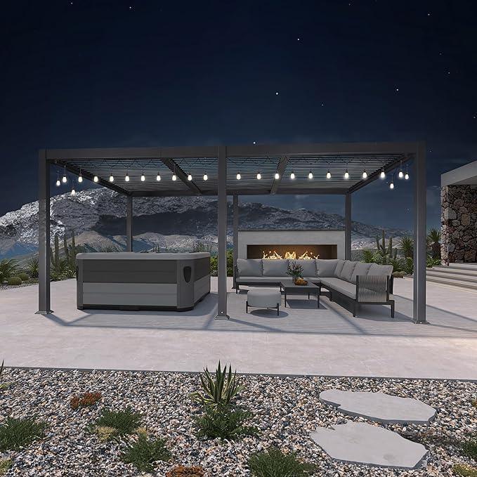 PURPLE LEAF Caesar Louvered Pergola with Milky String Lights Patio Aluminum Pergola with Independent Adjustable Rainproof Roof With Milky Lights