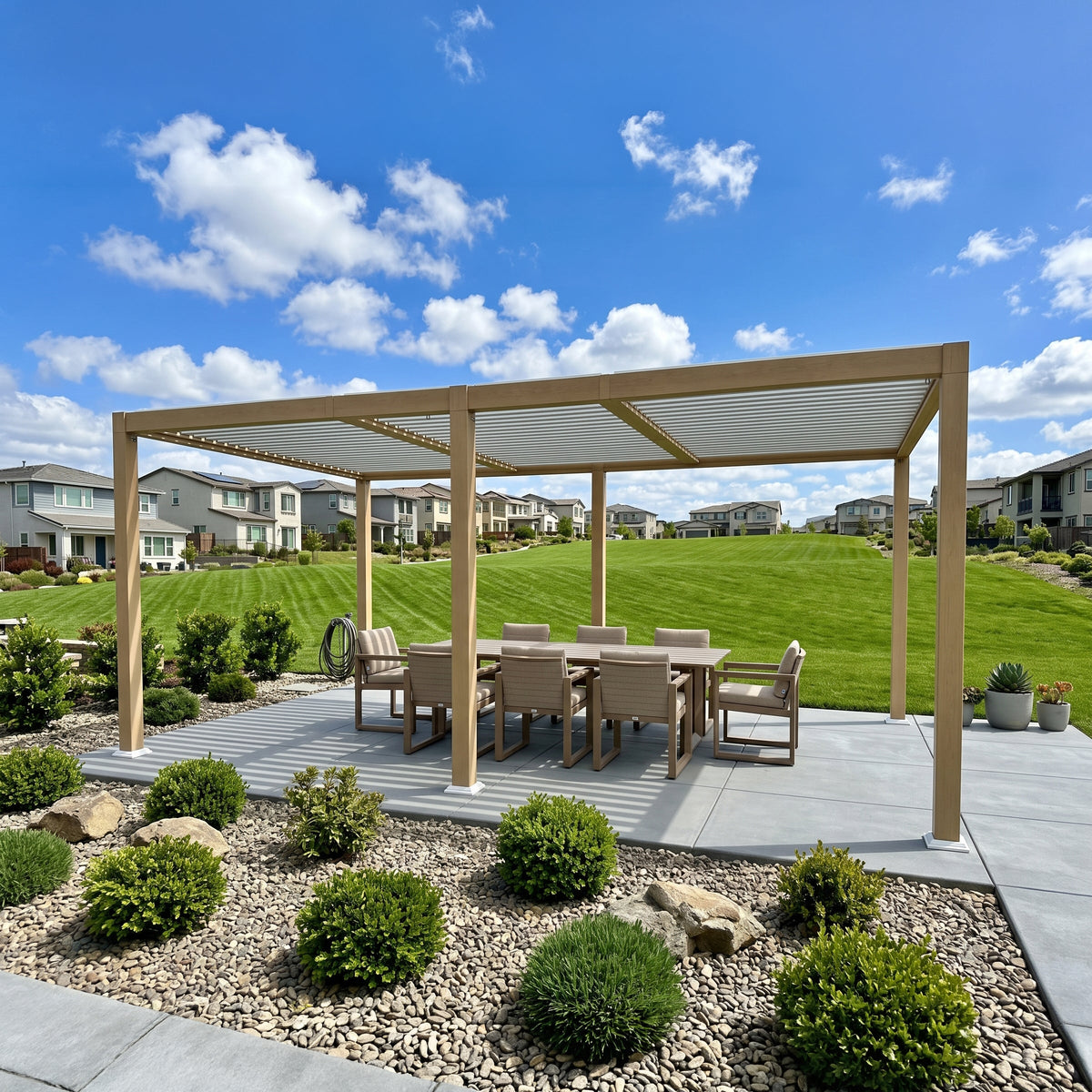 PURPLE LEAF Caesar Louvered Pergola Outdoor Wood Grain Aluminum Pergola with Adjustable Roof Patio Hardtop Gazebo for Backyard Garden