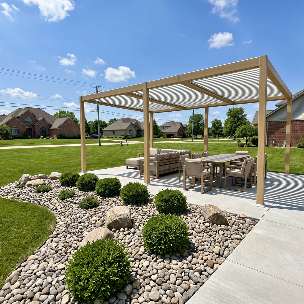 PURPLE LEAF Caesar Louvered Pergola Outdoor Wood Grain Aluminum Pergola with Adjustable Roof Patio Hardtop Gazebo for Backyard Garden