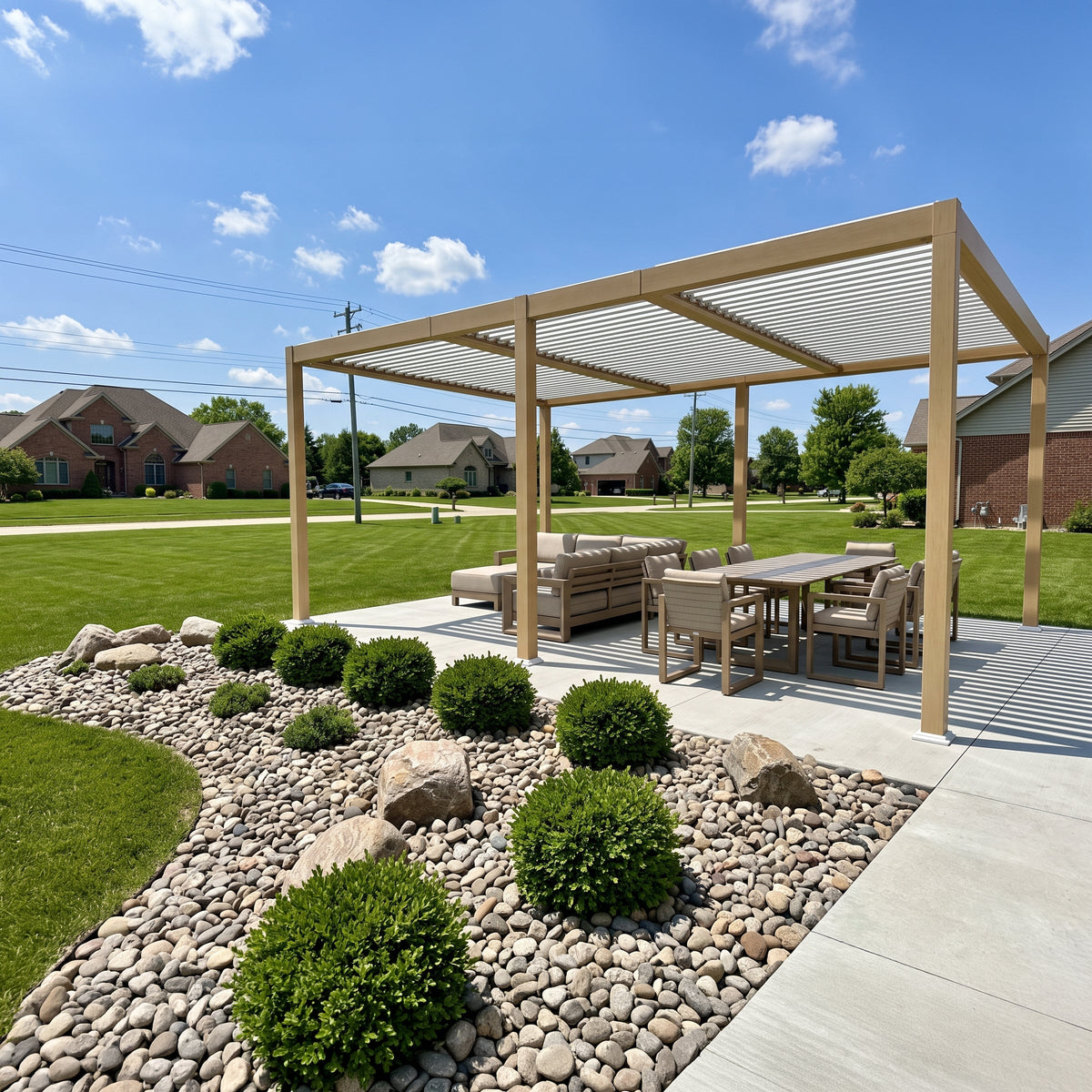 PURPLE LEAF Caesar Louvered Pergola Outdoor Wood Grain Aluminum Pergola with Adjustable Roof Patio Hardtop Gazebo for Backyard Garden