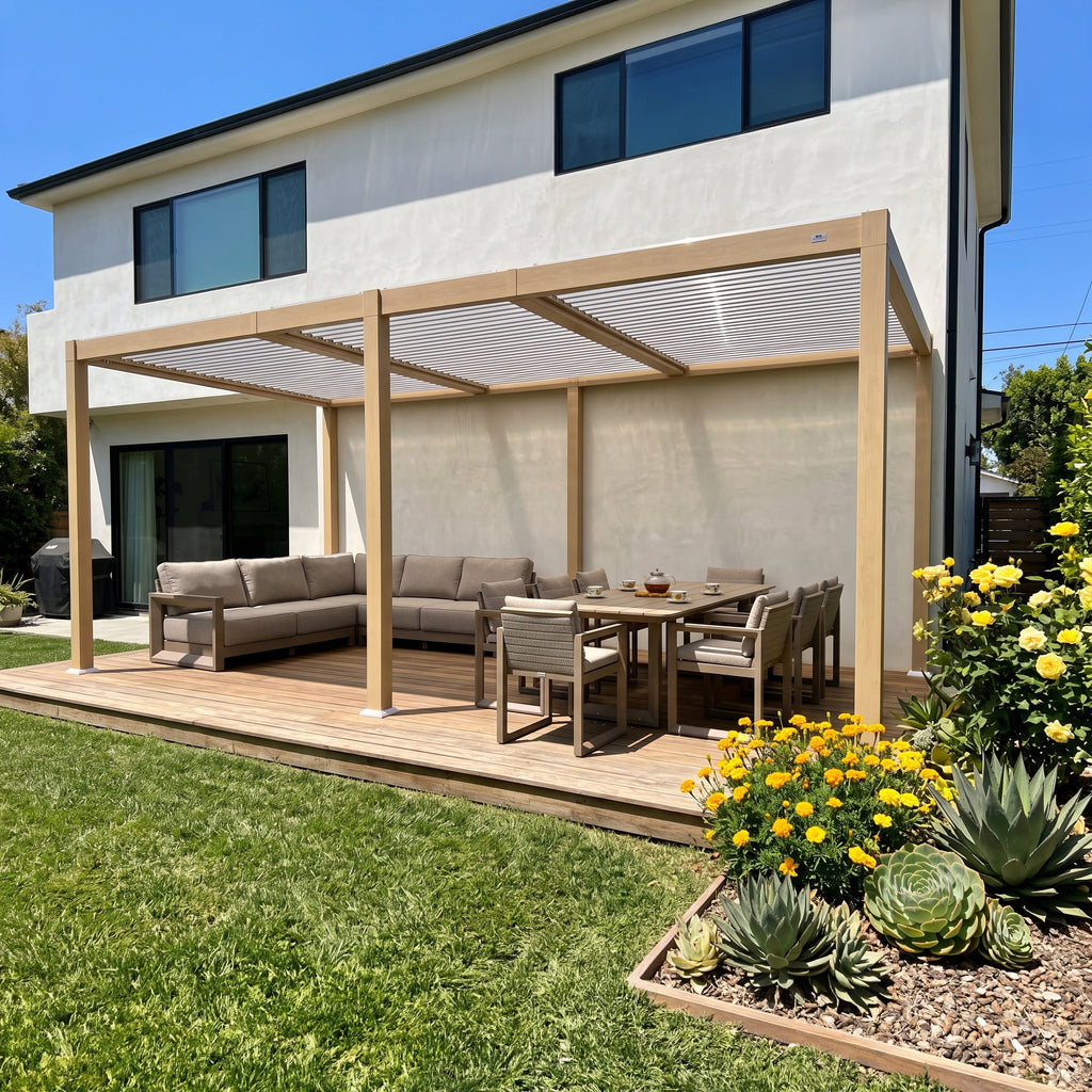 PURPLE LEAF Caesar Louvered Pergola Outdoor Wood Grain Aluminum Pergola with Adjustable Roof Patio Hardtop Gazebo for Backyard Garden