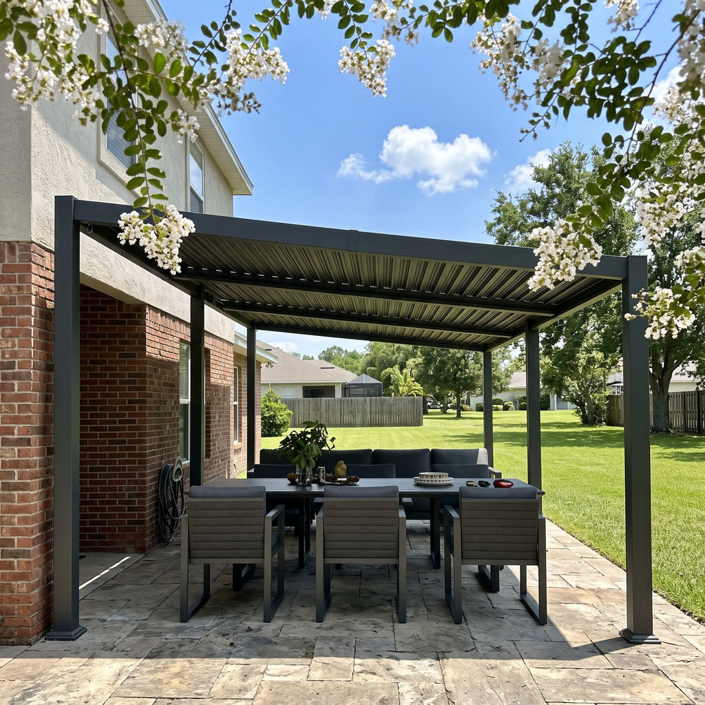 PURPLE LEAF Caesar Hardtop Louvered Pergola with LED String Lights, Slanted Roof Outdoor Aluminum Pergola with Adjustable Rainproof Louvers,Freestanding Patio Gazebo for Backyard Deck, Gray