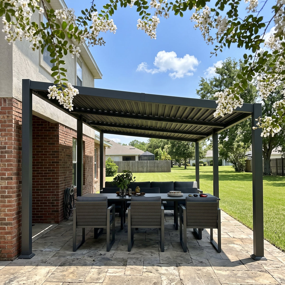 PURPLE LEAF Caesar Hardtop Louvered Pergola with LED String Lights, Slanted Roof Outdoor Aluminum Pergola with Adjustable Rainproof Louvers,Freestanding Patio Gazebo for Backyard Deck, Gray