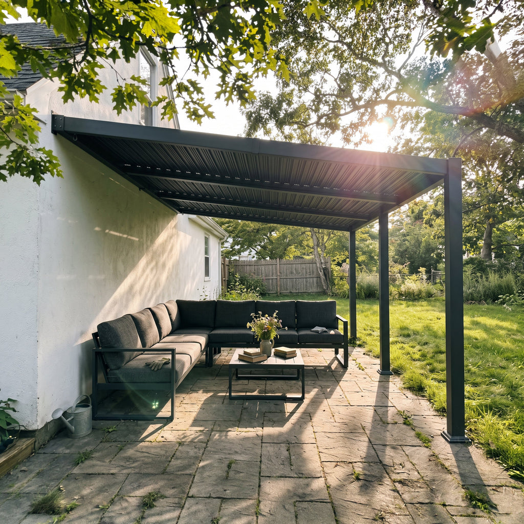 PURPLE LEAF Caesar Wall Mounted Louvered Pergola with LED String Lights, All-Aluminum Patio Cover with Adjustable Roof, Hidden Gutter Drainage, Lean-to Pergola for Deck, Backyard, Porch, Dark Gray