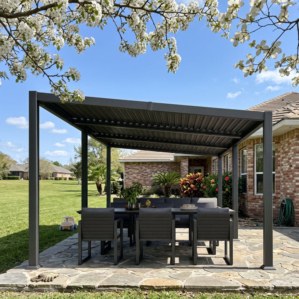 PURPLE LEAF Caesar Hardtop Louvered Pergola with LED String Lights, Slanted Roof Outdoor Aluminum Pergola with Adjustable Rainproof Louvers,Freestanding Patio Gazebo for Backyard Deck, Gray